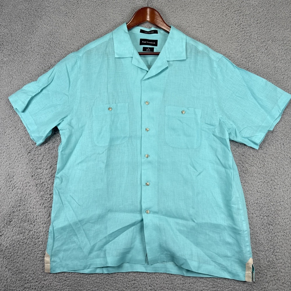 Paul Frederick Shirt Mens XL Blue Pure Linen‎ Short Sleeve Button Up